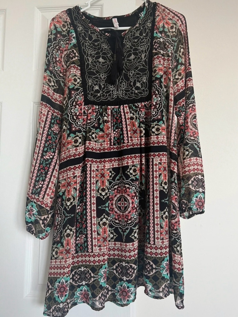 Xhilaration Black Long Sleeve Boho Dress with Pink & Teal Accents